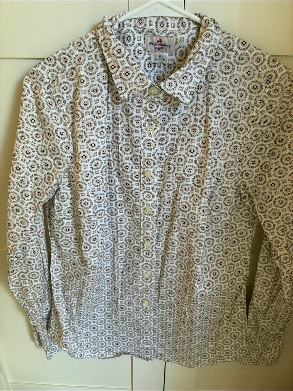 J. Crew White Button-Down Shirt with Brown Circular Print